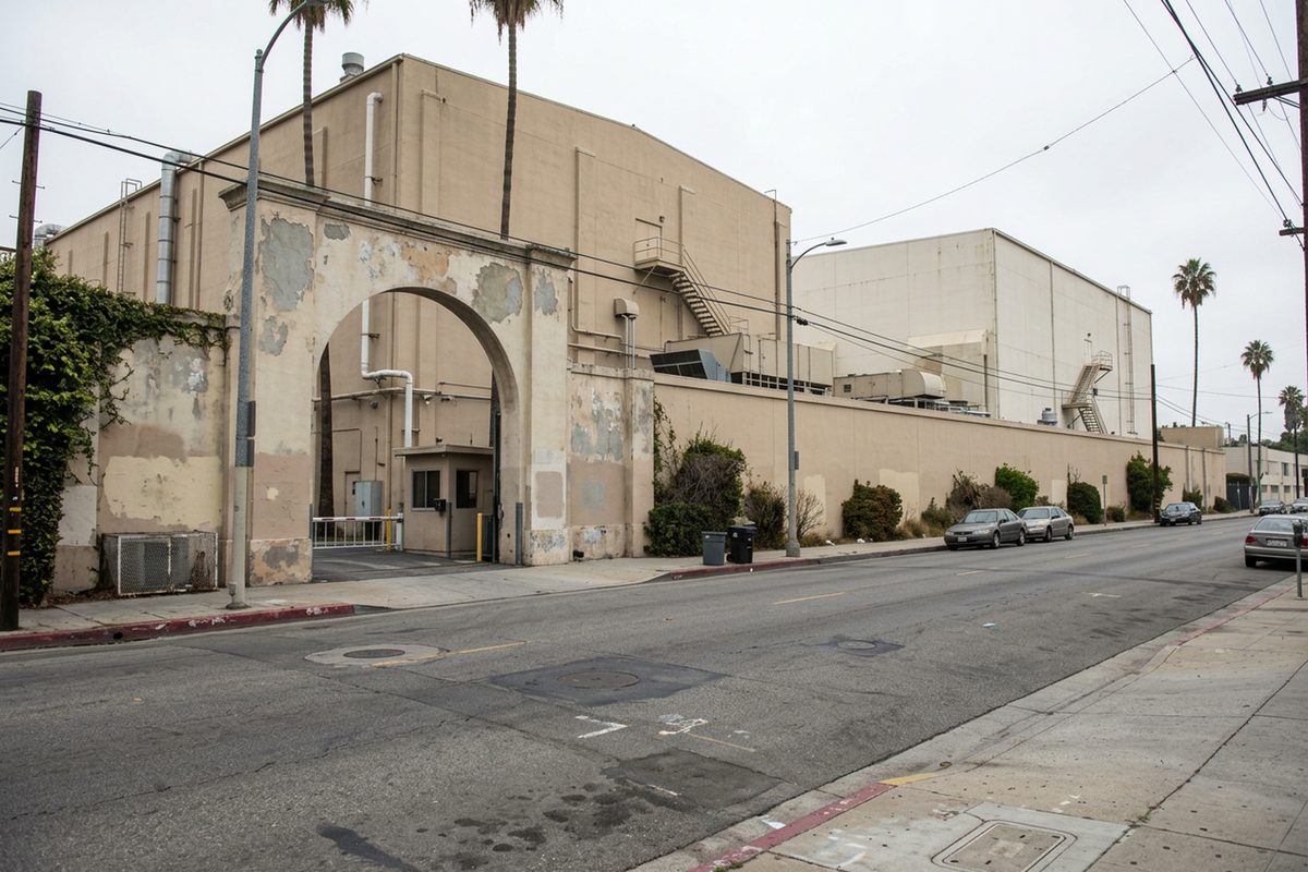 Photo illustration: The street front of a big Hollywood studio lot in Los Angeles: a tall arched entrance gate with a small guard booth, and rows of huge beige soundstages rising behind the wall, seen from the far sidewalk across the street under flat overcast midday light. An empty street, no people in the frame, and no text, signs or logos anywhere in the picture.