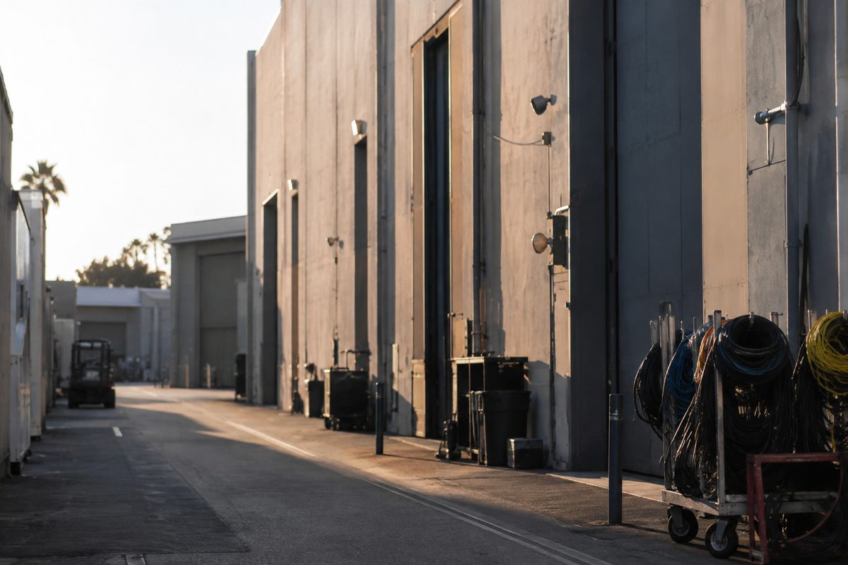 A studio backlot street of soundstage buildings in Los Angeles, empty in afternoon light, with no signage visible.