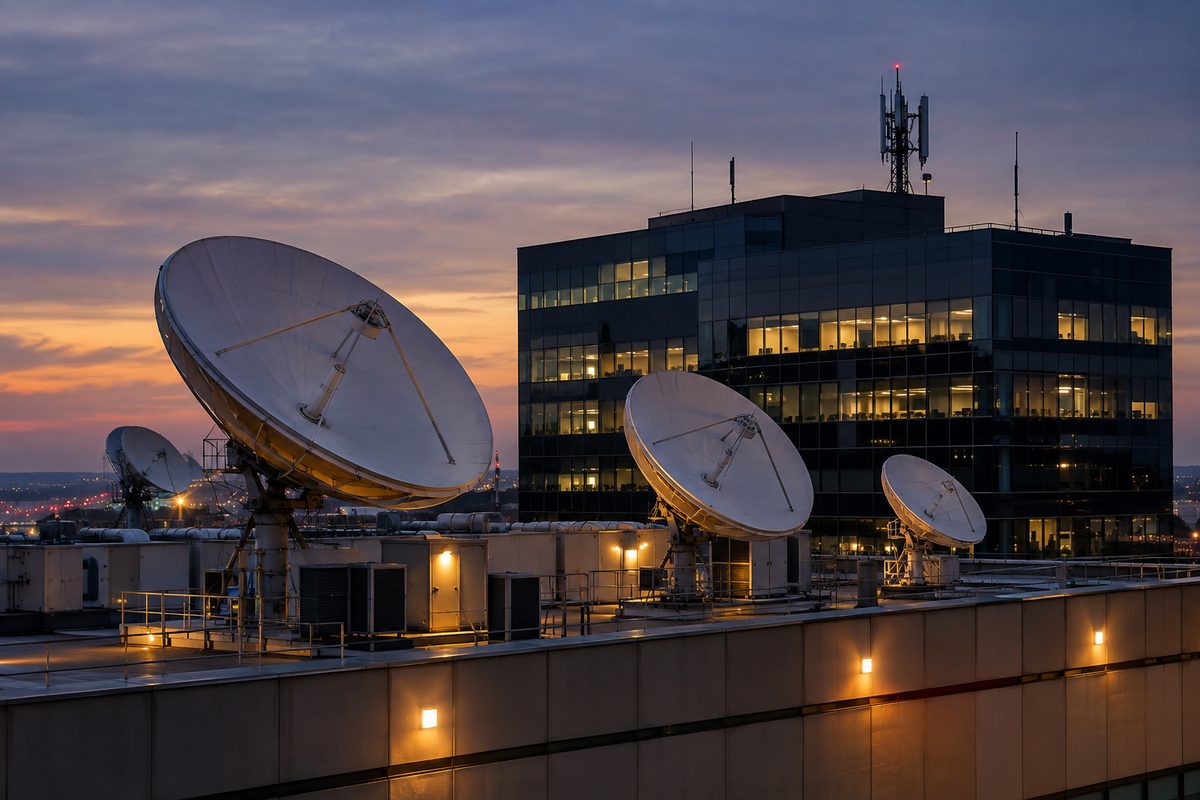 Satellite uplink dishes on the roof of an unmarked broadcast facility at dusk, office block behind.