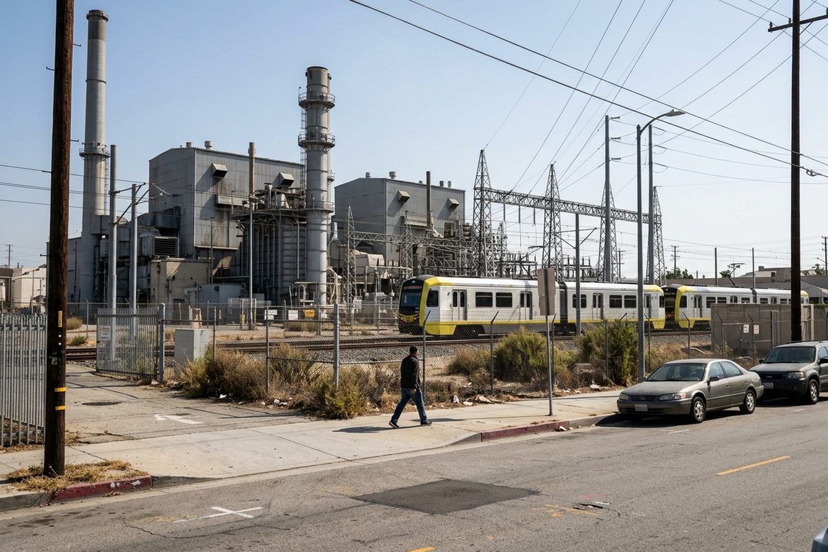 Wide view of the Glenarm Power Plant in Pasadena from Glenarm Street, with turbine buildings, exhaust stacks and a Metro light-rail train crossing the site.