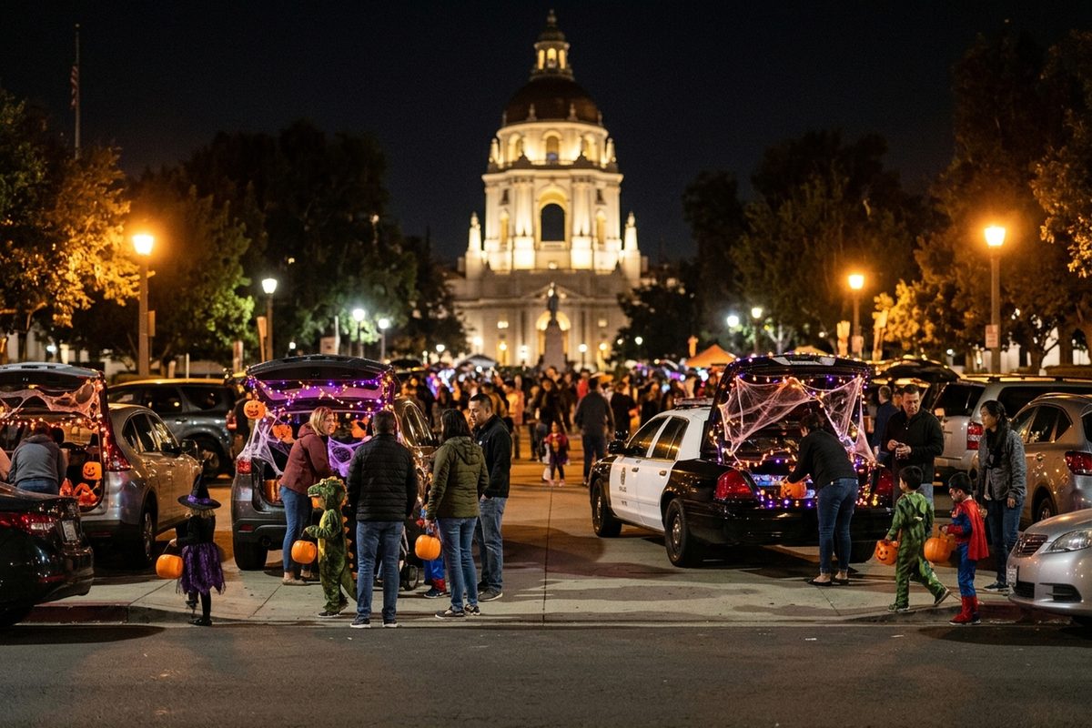 Children in Halloween costumes collect candy from decorated open car trunks and a police car at night on Centennial Square in front of Pasadena City Hall.
