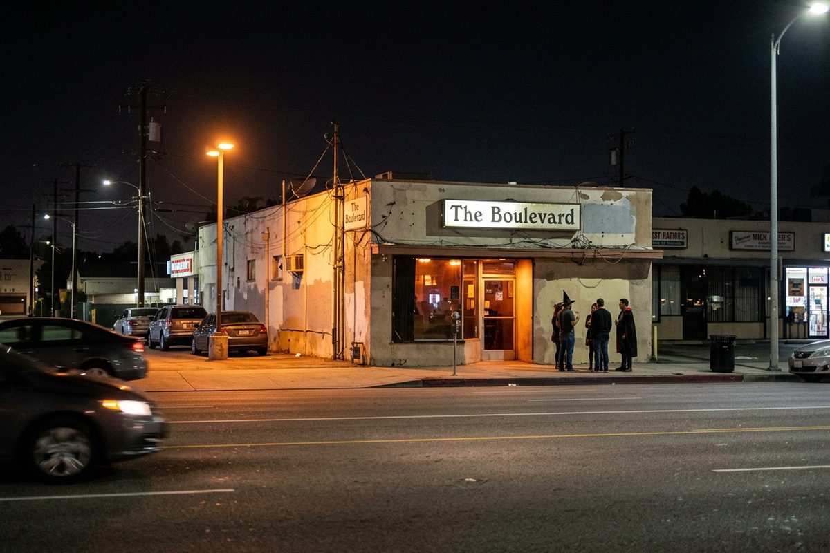 The Boulevard, Pasadena's last gay bar, lit up at night on East Foothill Boulevard, seen from across the street under sodium streetlights.
