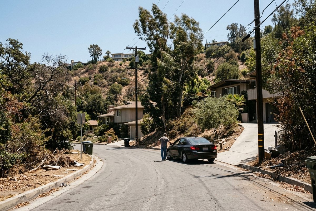 A resident backs a sedan into a driveway on a narrow, winding hillside street in Pasadena's Linda Vista neighborhood as wind bends dry brush and trees on a clear, hard-lit day.