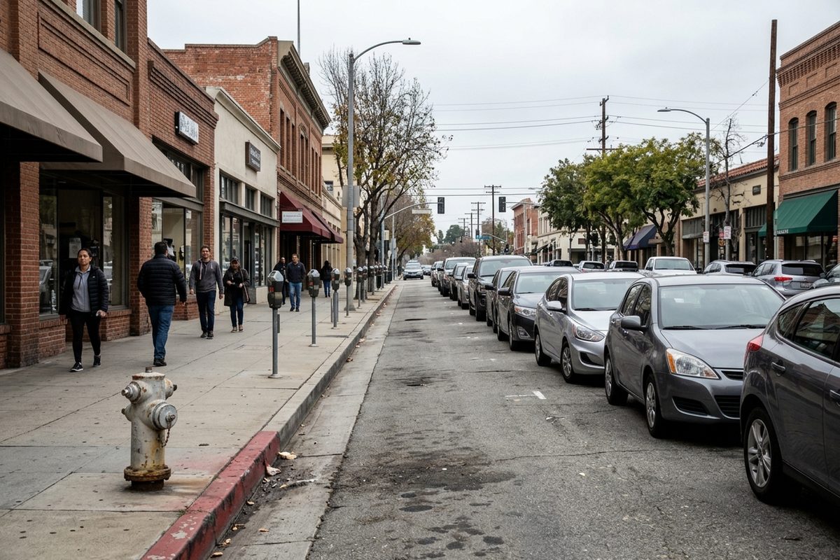 A street in Old Pasadena with metered parking spaces, parked cars and a red-painted curb beside a fire hydrant, under an overcast sky.