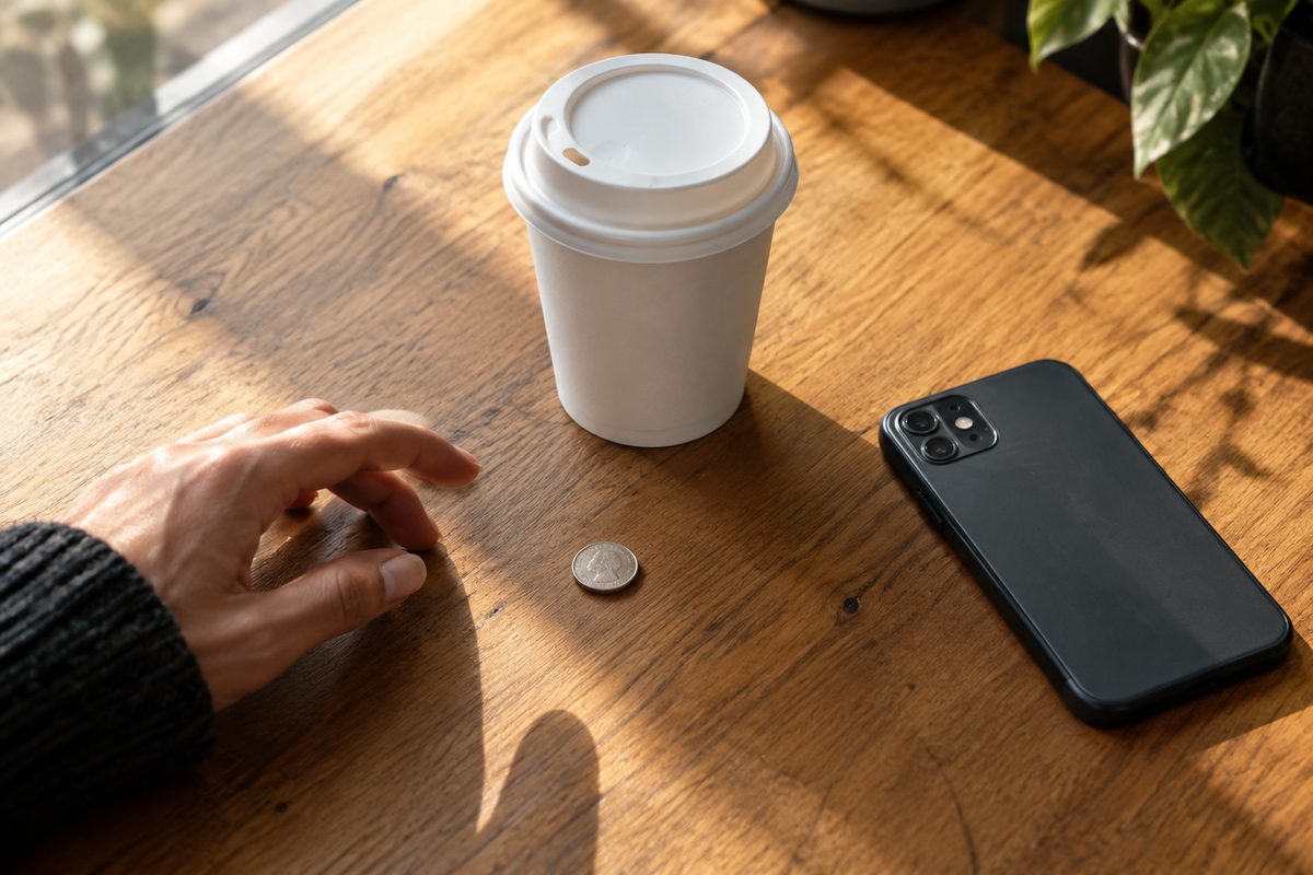 A single quarter resting beside a paper coffee cup on a wooden table in warm window light.
