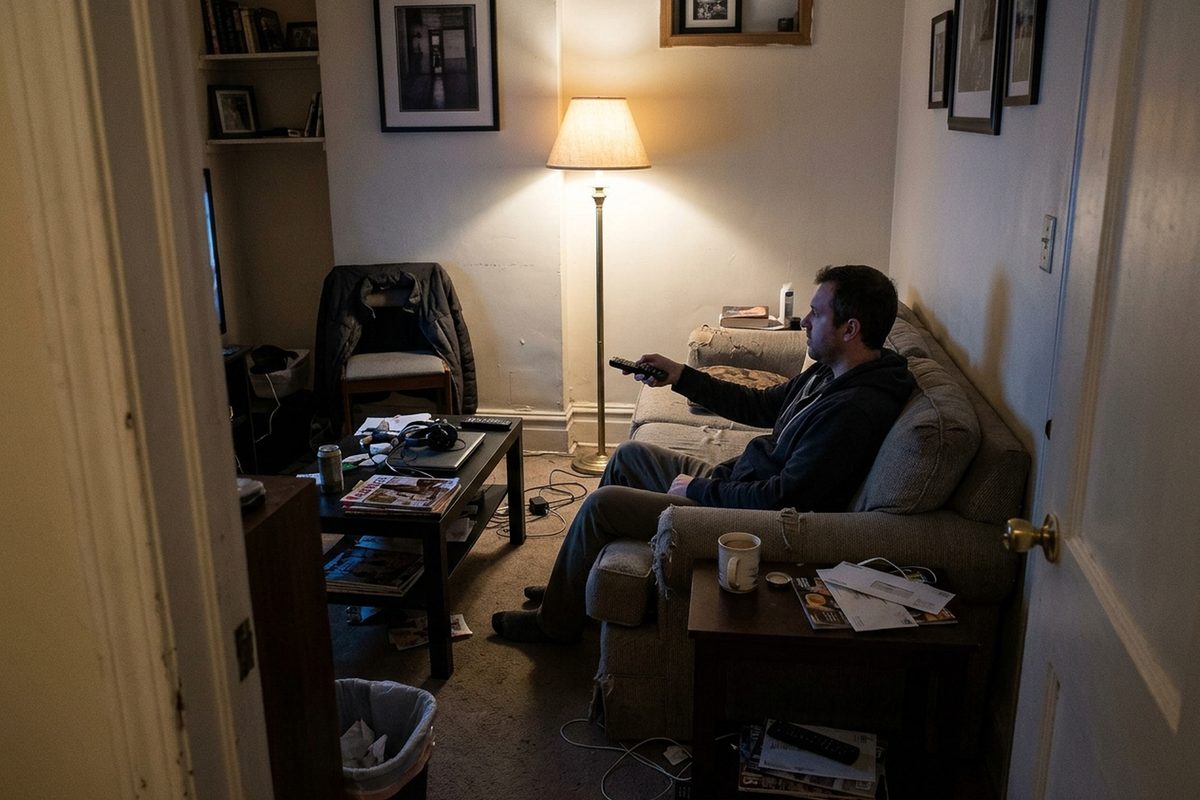 A person seen in three-quarter profile on a living room couch at night, lit by the blue glow of a TV, remote in hand.