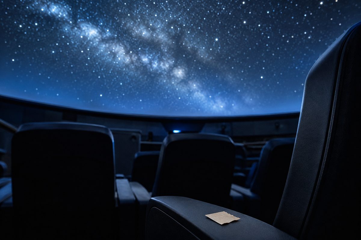 Photo illustration: the interior of a planetarium dome from a back-row seat, empty tilted seats in silhouette against a projected star field, a torn paper ticket stub resting on the armrest in the foreground, cool blue projector light, no logos and no identifiable venue
