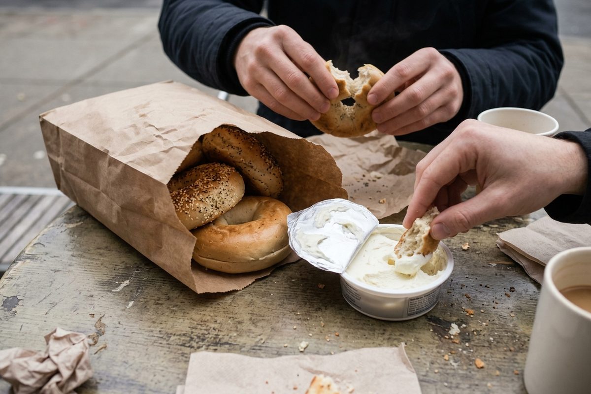 Hands tearing a piece off a hot, whole bagel from an open paper bag and dipping it into a tub of cream cheese at an outdoor table