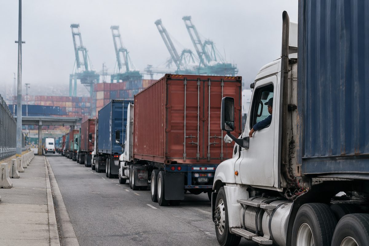 Container trucks lined up at a terminal gate at the Port of Los Angeles on Terminal Island under a gray morning sky, with gantry cranes behind them.