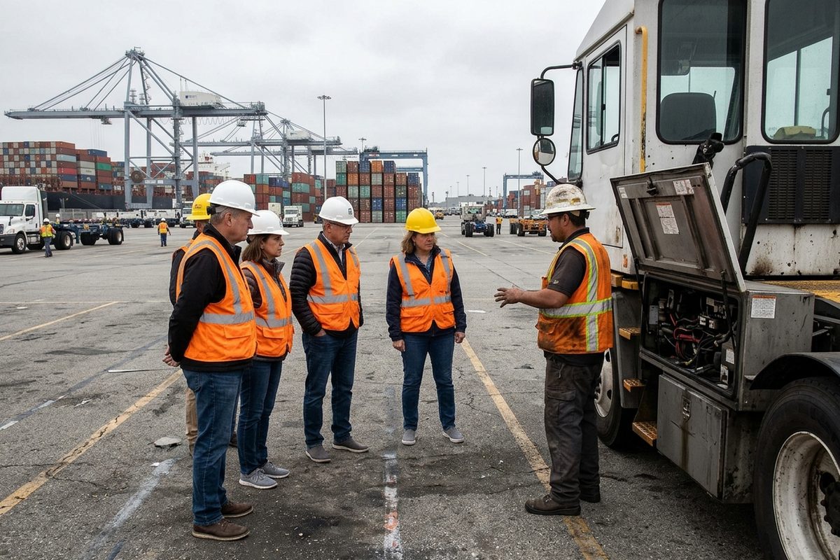 Several people in safety vests stand beside a battery-electric yard tractor at a Port of Los Angeles container terminal, with cranes and stacked containers behind them on an overcast day.