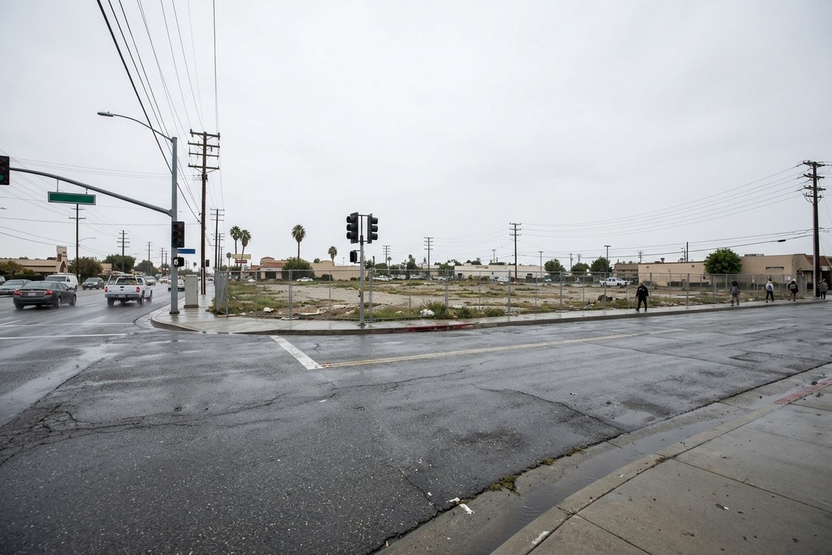 A wide view of a commercial corner at Archibald Avenue and Inland Empire Boulevard in Ontario, California, under an overcast sky, where Porto's Bakery plans a new location.