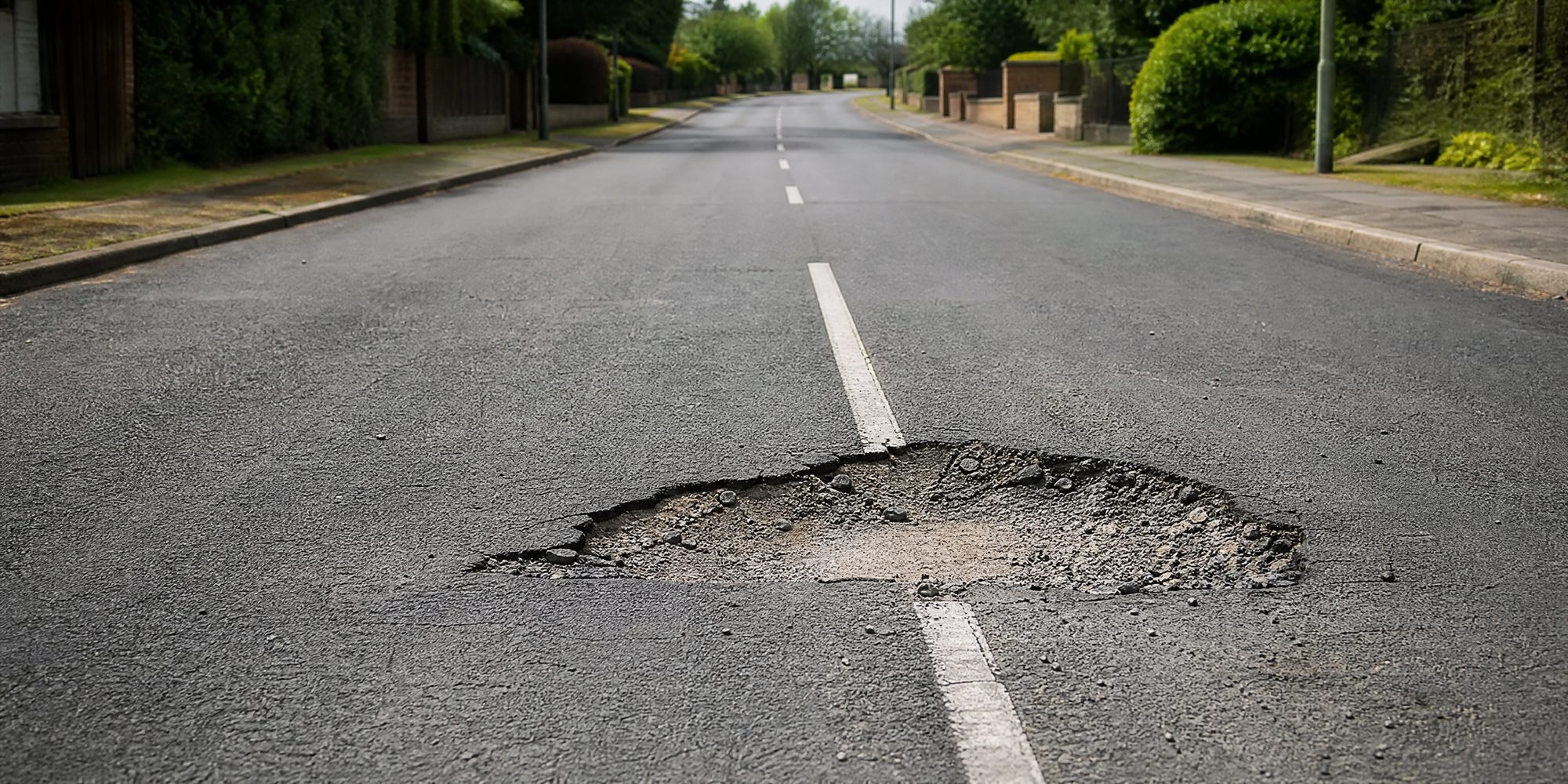 Photo illustration: an unrepaired pothole in worn asphalt on an anonymous suburban street, painted lane line broken across its edge, gravel and crumbled aggregate around the rim, no cars, no people, no signage or business names, flat neutral daylight, eye-level 35mm