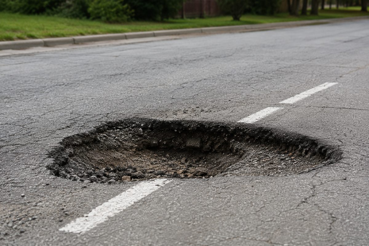 Photo illustration: an unrepaired pothole in worn asphalt on an anonymous suburban street, painted lane line broken across its edge, gravel and crumbled aggregate around the rim, no cars, no people, no signage or business names, flat neutral daylight, eye-level 35mm