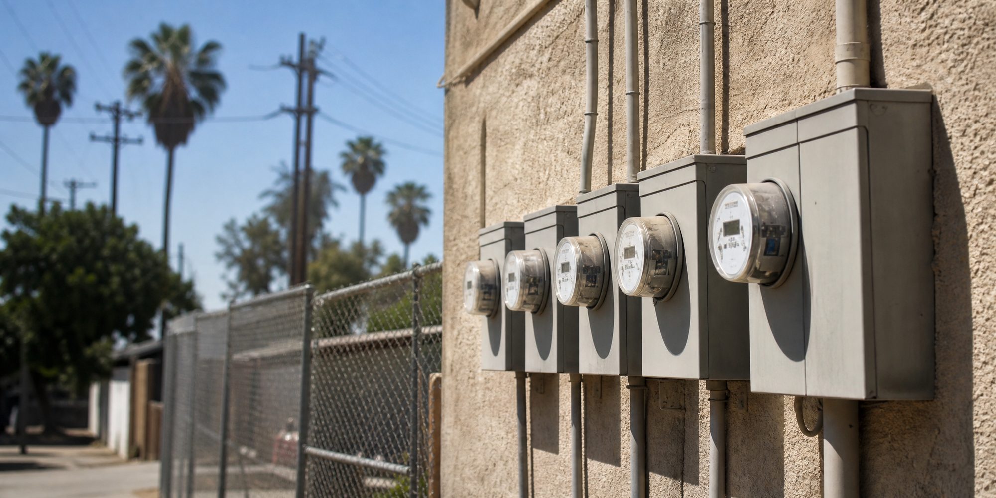 A bank of electrical meters on a stucco wall beside a chain-link fence in bright midday sun, illustrating Los Angeles heat wave power shutoff warnings