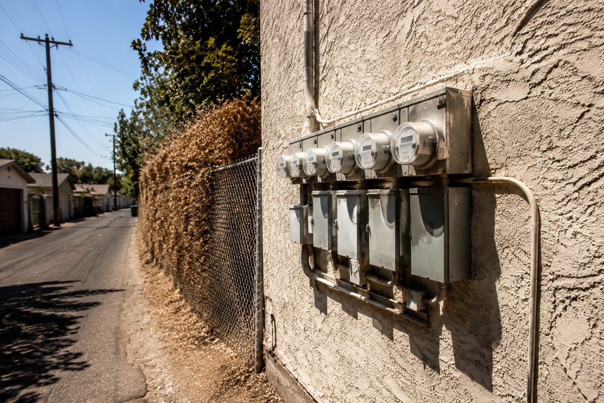 A bank of electrical meters on a stucco wall beside a chain-link fence in bright midday sun, illustrating Los Angeles heat wave power shutoff warnings