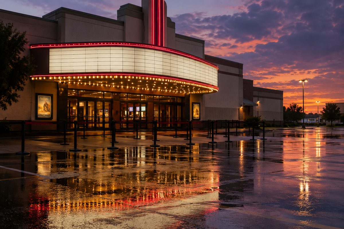 A suburban multiplex exterior at dusk, its marquee lights on and the lettering unreadable, with empty ticket stanchions in the foreground.