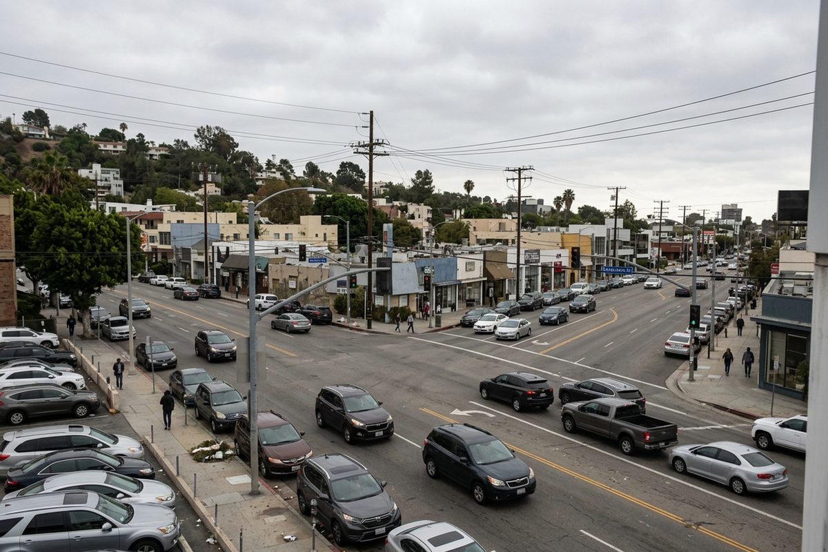 A wide view of Santa Monica Boulevard near Holloway Drive in West Hollywood on an overcast afternoon, with cars and pedestrians.