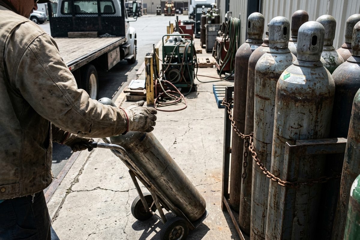 Tall steel welding gas cylinders chained upright in a rack at an industrial gas yard in Signal Hill, as a worker in gloves tilts one onto a hand truck at midday.