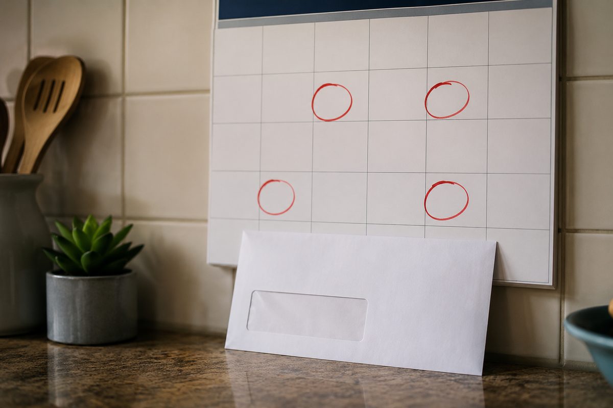 Photo illustration: flat editorial illustration, brand palette — a wall calendar with four squares circled in red, an unopened window envelope propped against it on a kitchen counter, no text legible, no people
