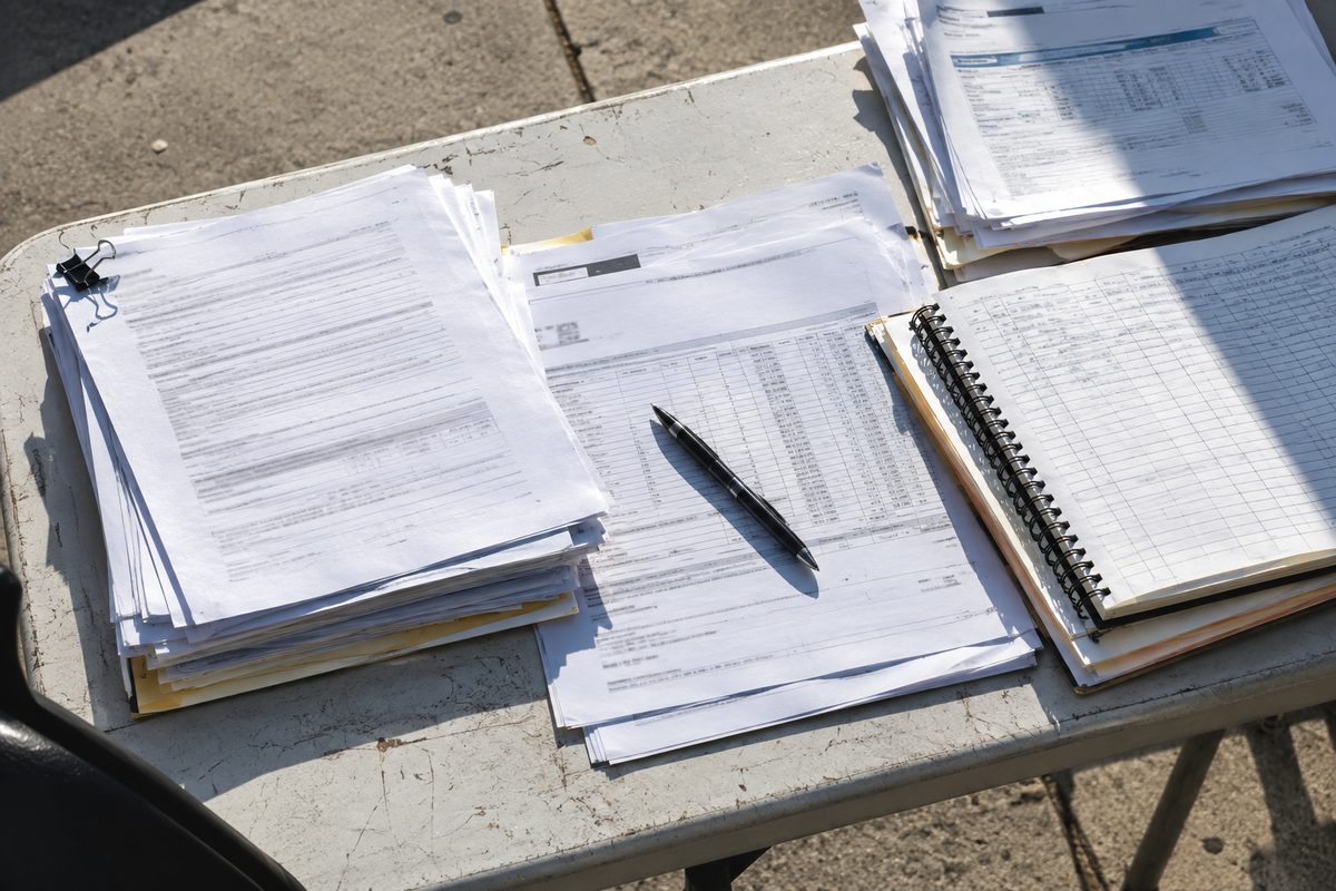 Overhead view of stacked contract pages, invoices and a ledger spread across a folding table in bright midday sun.
