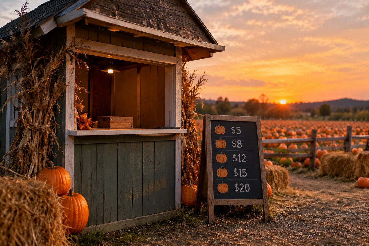 Photo illustration: stylized flat illustration of a ticket booth at the edge of a pumpkin field, a price board beside it showing several different dollar figures, warm dusk palette, no real logos or people.
