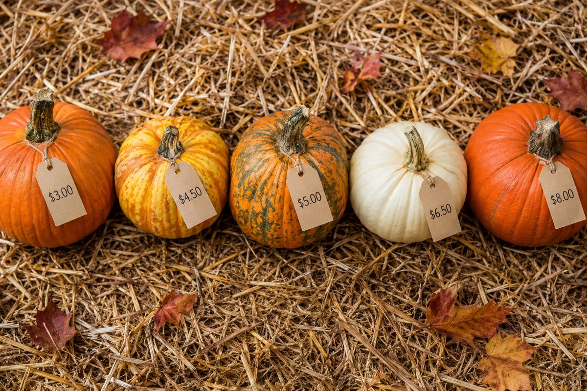 Photo illustration: a flat stylized overhead row of five pumpkins on straw, each with a paper price tag reading a different dollar amount, warm October palette, no storefront and no people.