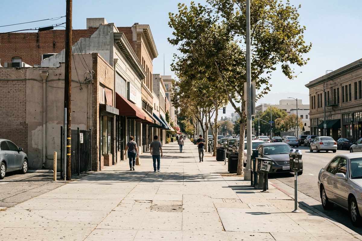 Pedestrians walk along a city sidewalk at midday.