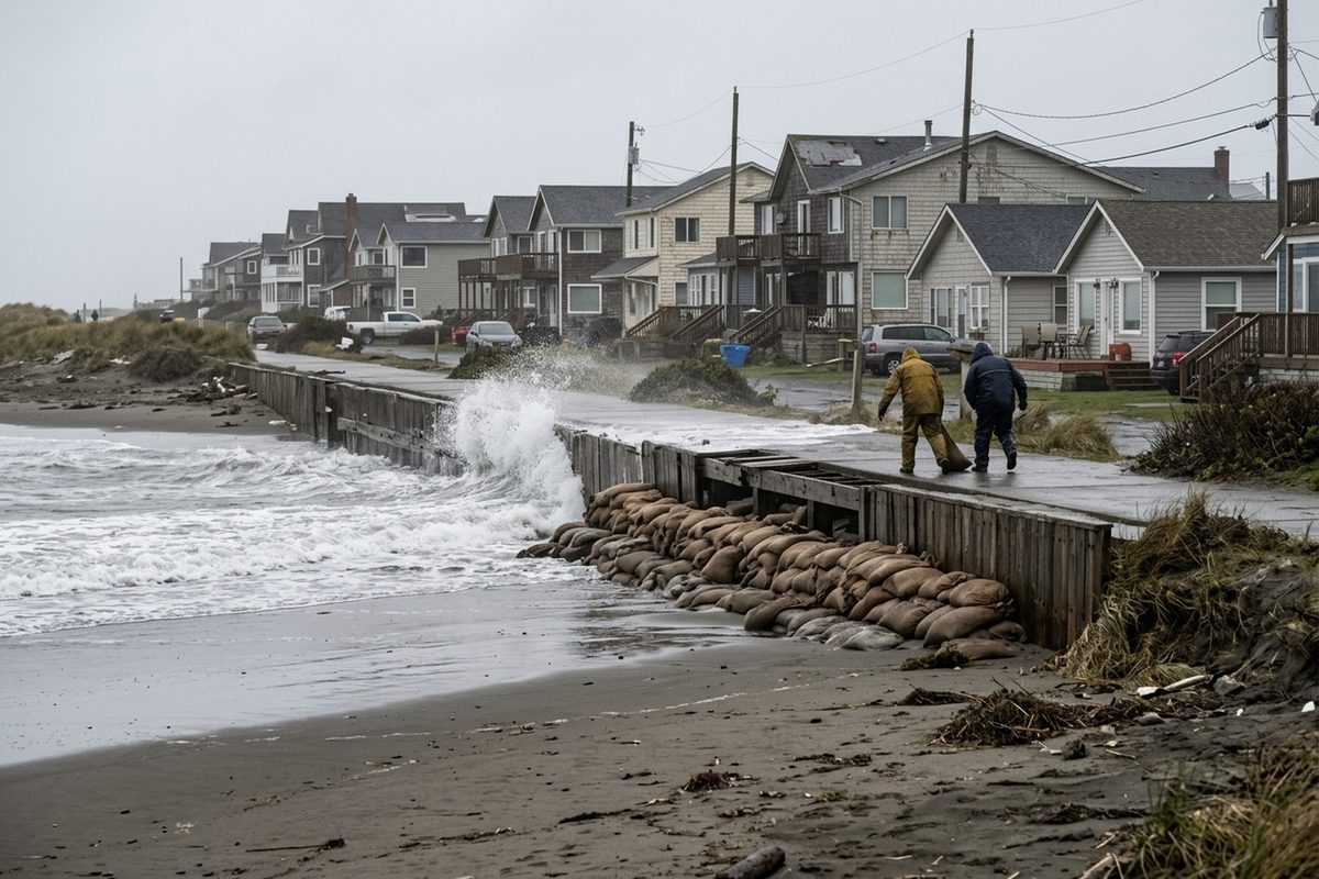 Waves crash against a wooden seawall and sandbags under a boardwalk lined with beachfront homes on the Long Beach Peninsula during Tropical Storm Rachel coastal flooding.