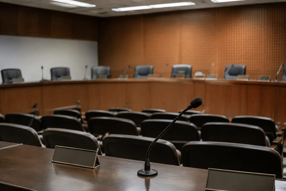 An empty public meeting room with a raised dais, microphones and name-plate holders left blank, illustrating a Los Angeles City Council committee reorganization