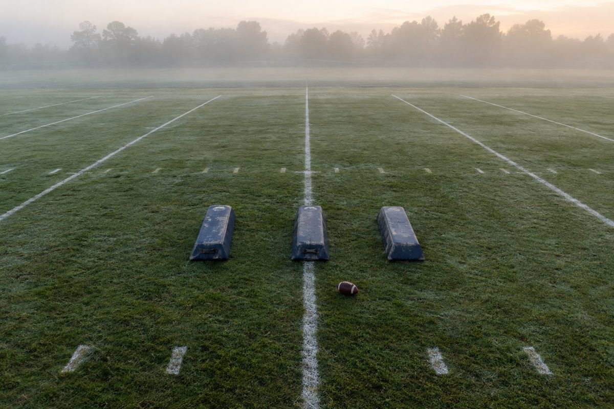 Overhead view of an empty football practice field, with chalked yard lines, scattered blocking pads and a single ball on damp turf.