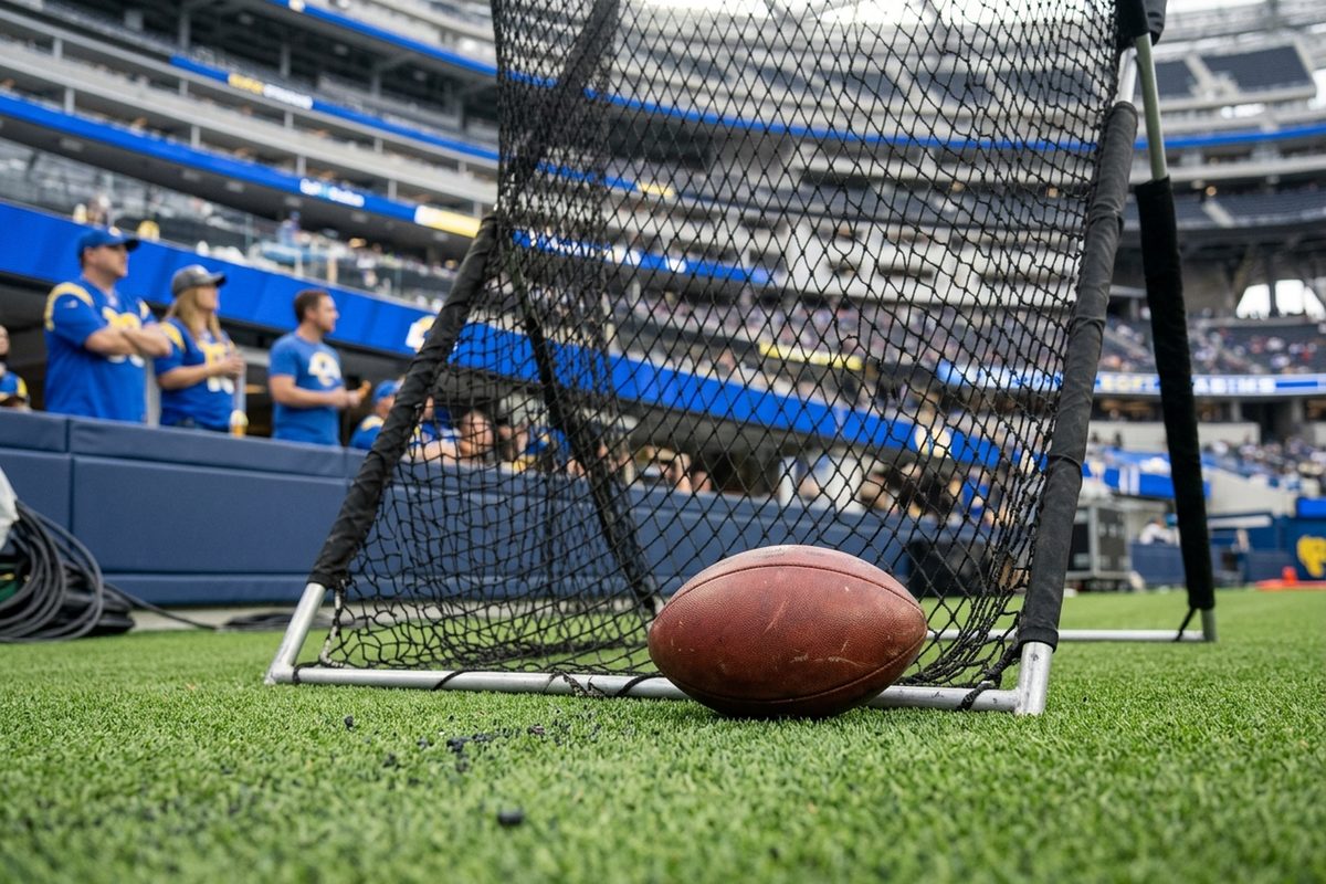 A kicking net on a stadium sideline with a football at its base and fans in blue and gold behind it.