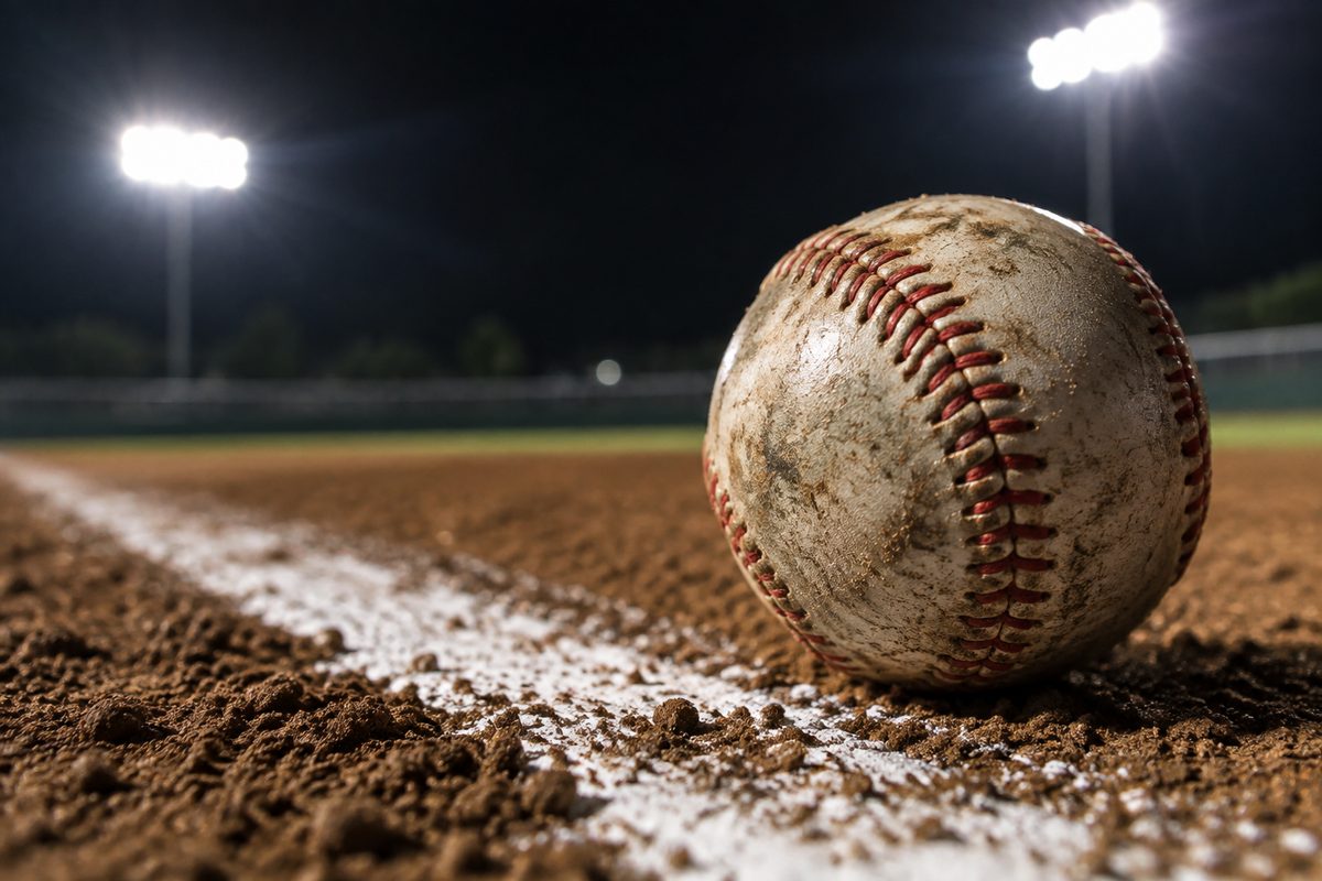 Extreme close-up of a worn baseball's red stitching resting on a chalk foul line at night under stadium lights.