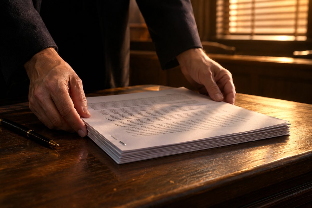 Close-up of stapled printed court instruction pages on a wooden bench, hands squaring the stack under low amber light.