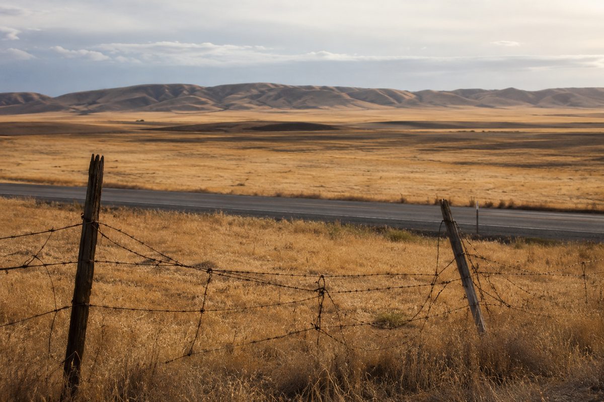 Flat, dry farmland stretching to low hills under a wide pale sky, with a barbed-wire fence line and an empty two-lane road crossing the frame.