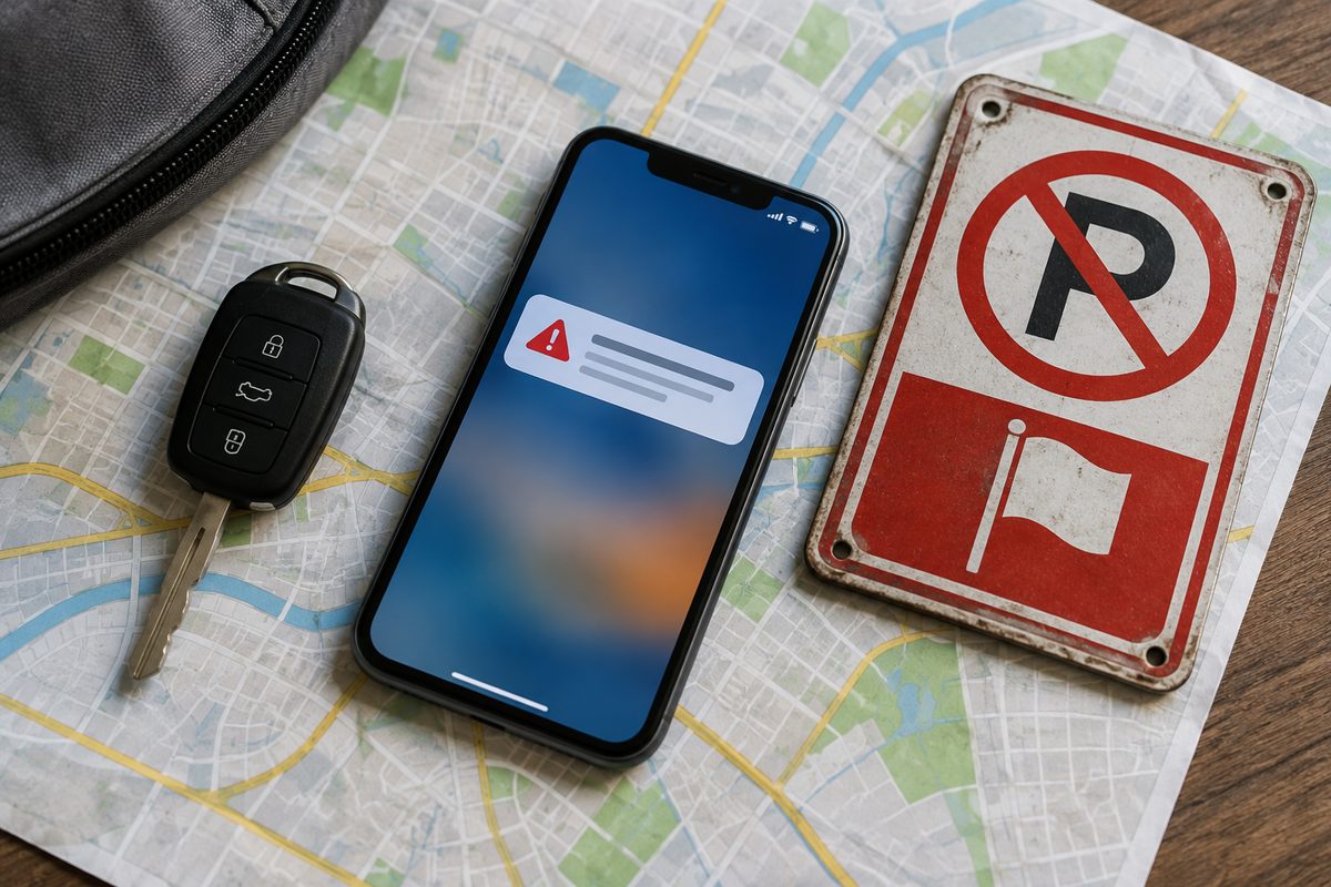 Photo illustration: Overhead flat-lay, neutral daylight: a car key and a phone showing a generic alert banner laid on a printed street map beside a small metal "NO PARKING — RED FLAG DAYS" style sign plate propped face-up, no real street names legible, no people, no seasonal tells.