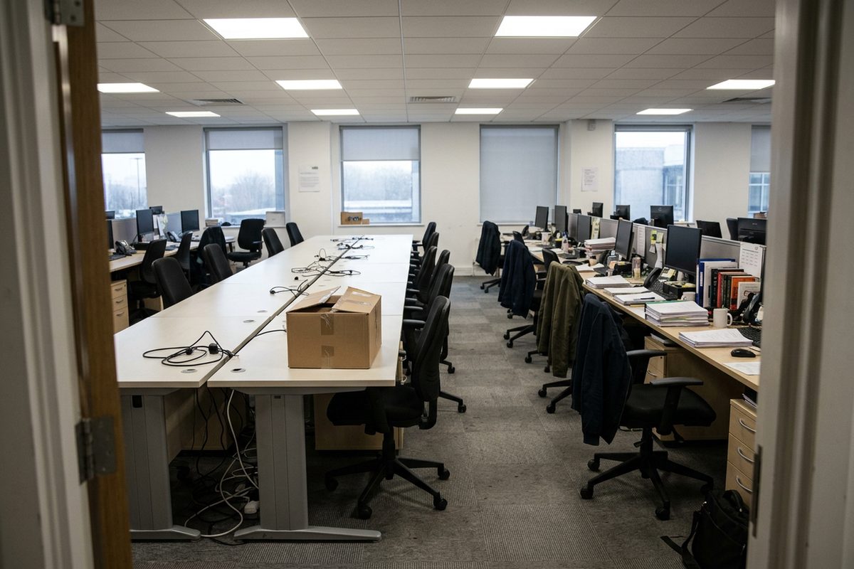 A production company office with cleared desks and pushed-in chairs under fluorescent light after Hello Sunshine's layoffs of about half its staff.