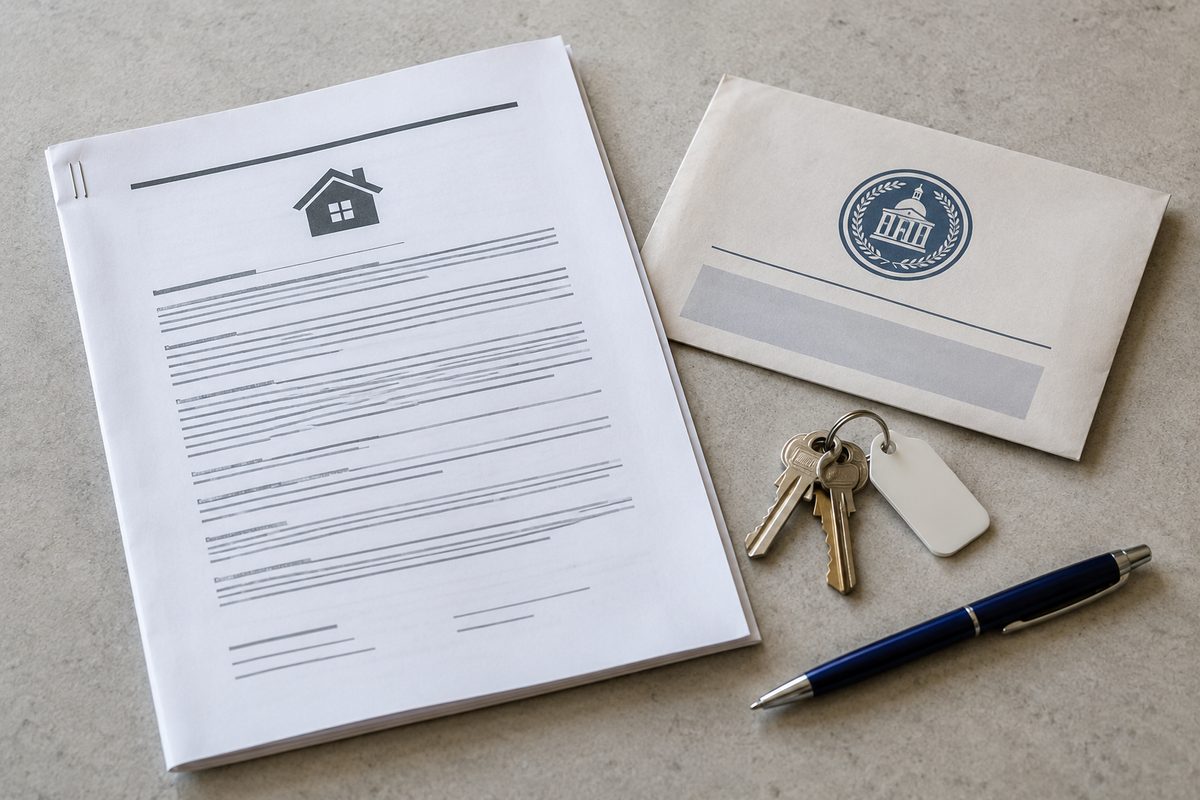Photo illustration: an overhead flat-lay on a plain counter of a stapled residential lease, a folded city notice with a generic agency seal, a ballpoint pen and a ring of keys on a blank fob; no logos, no readable text, no people, no seasonal tells, neutral daylight, Handbook Desk service photography