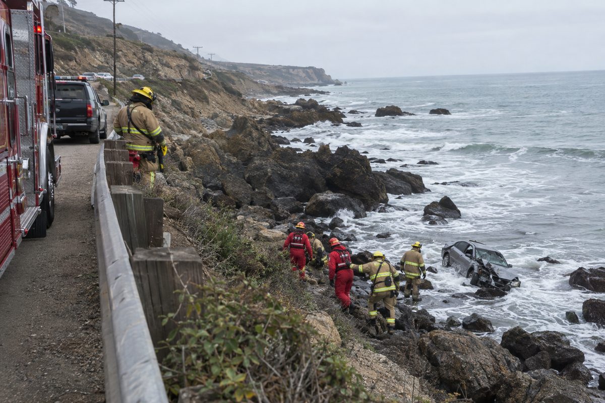 Rescue workers climb over wet shoreline rocks toward a damaged car sitting in the surf below Pacific Coast Highway north of Malibu.