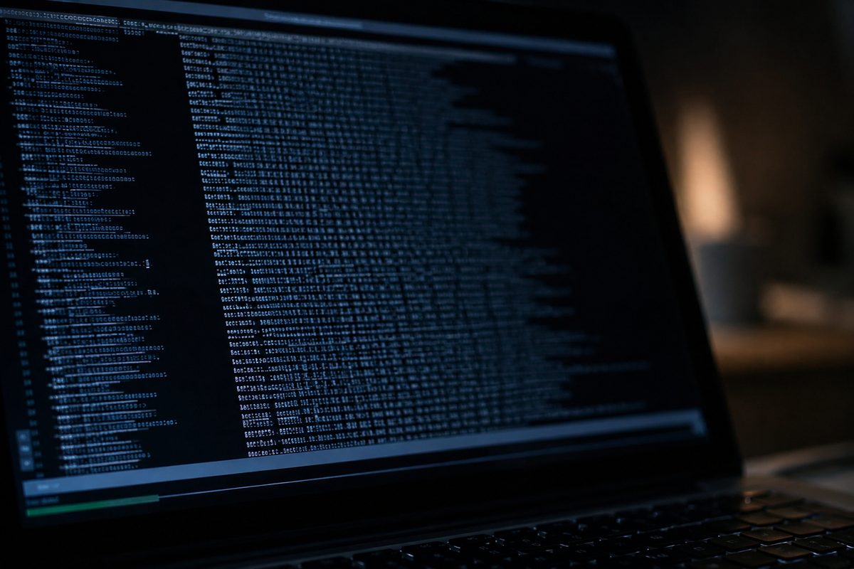 Close-up of a laptop screen in a dim room showing dense scrolling text in a terminal window, illustrating AI chain-of-thought reasoning traces