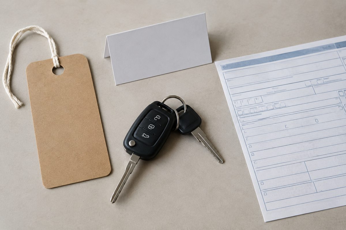 Photo illustration: overhead flat-lay on a plain neutral desk of a blank cardboard parking hangtag with a loop of string, a small paper dashboard placard, a set of car keys and a vehicle registration form, neutral daylight, no people, no logos, no readable text, no street scene, no seasonal objects.