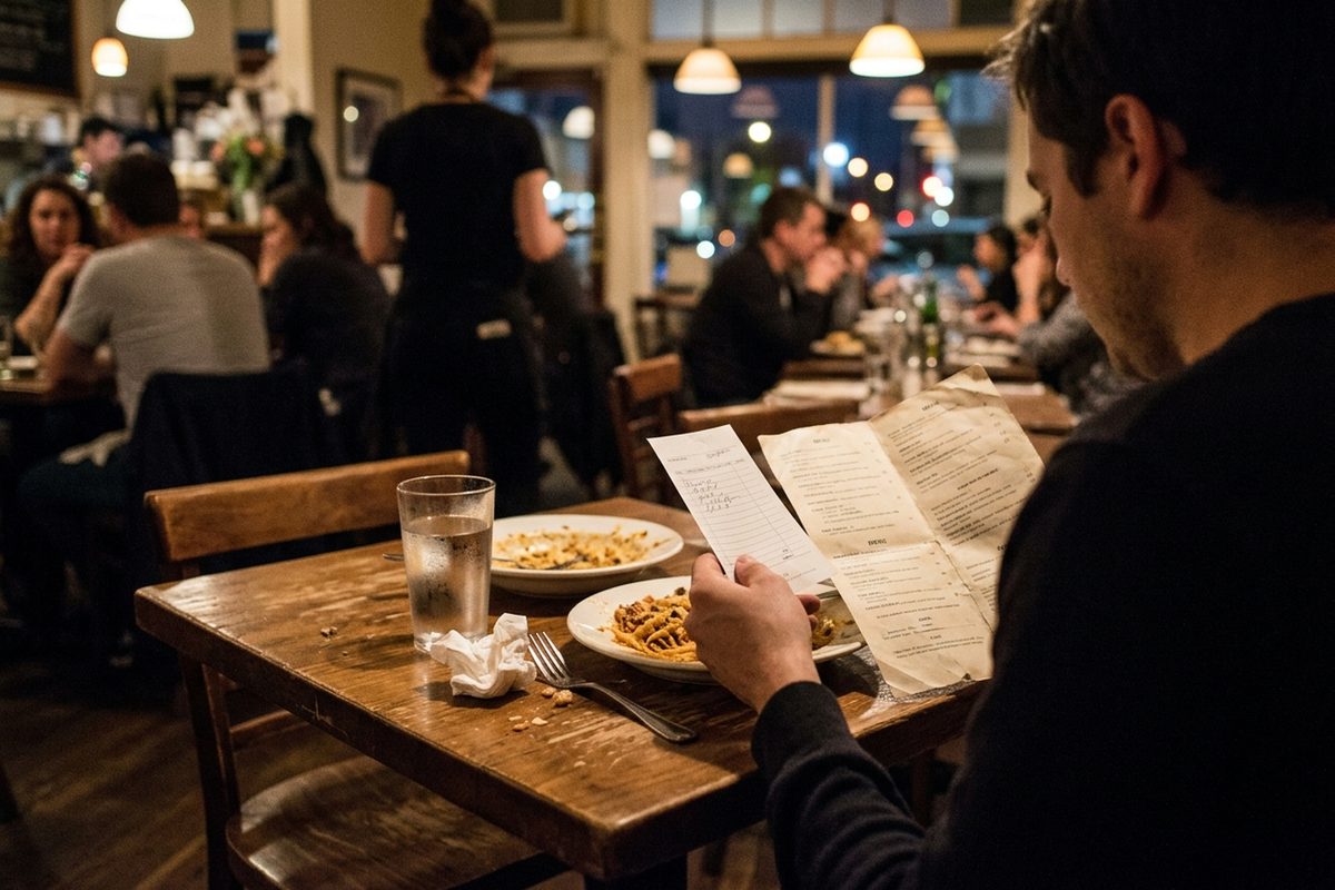 Over-the-shoulder view of a diner at a Los Angeles restaurant table holding a check next to a menu, checking for a restaurant service fee