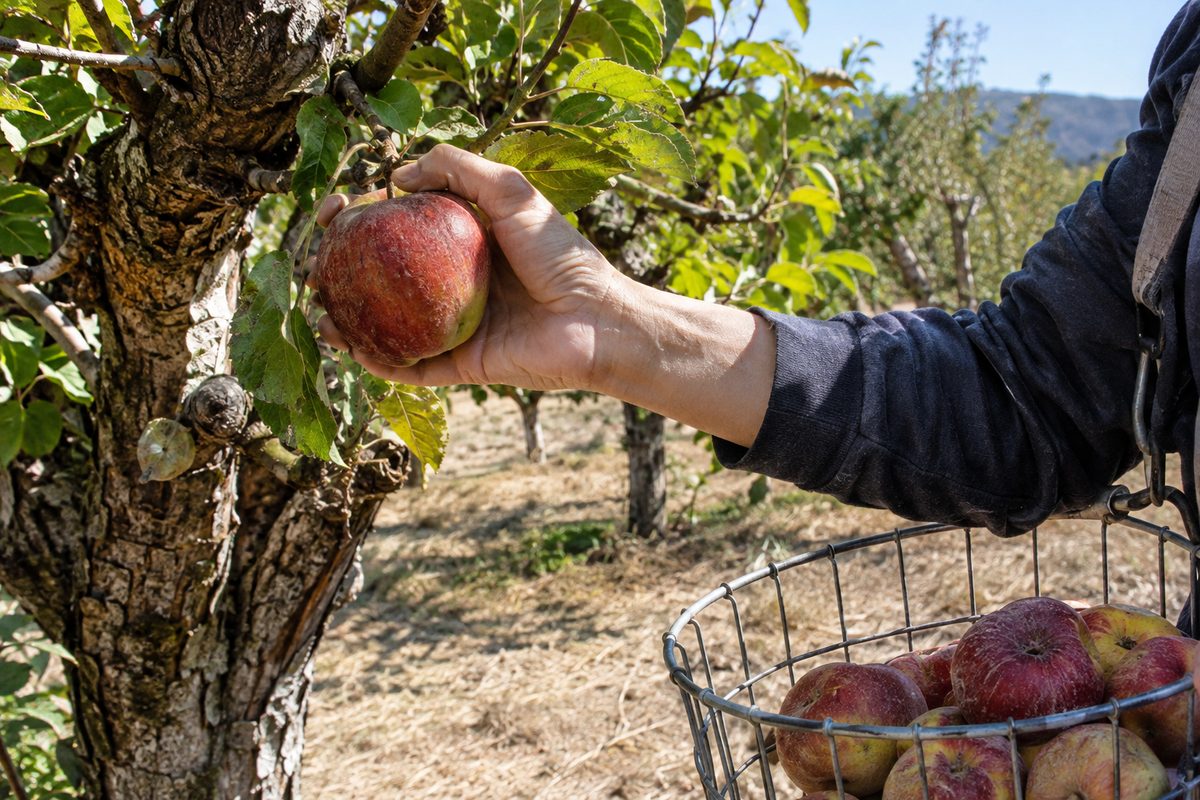A hand twisting a red apple off a low branch of an old apple tree in an Oak Glen orchard, a wire basket of apples on the picker's forearm.