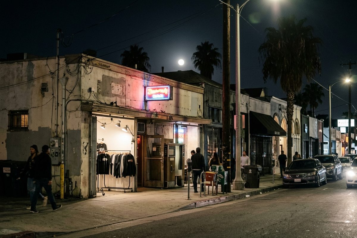 Photo illustration: The street front of a weathered mid-century neighborhood bar on a boutique-lined boulevard in Venice, Los Angeles, on an October night, seen from across the street at sidewalk level. The bar's old neon glows over its door, and a small temporary pop-up shop is set up beside it, lit by its own work lamps. A rack of dark T-shirts and hoodies sits inside, next to a vintage photobooth. A full moon hangs low over the low rooftops and palm trees. Streetlights and the storefronts' own lamps are the only light. No readable text, prices or logos anywhere in the frame.