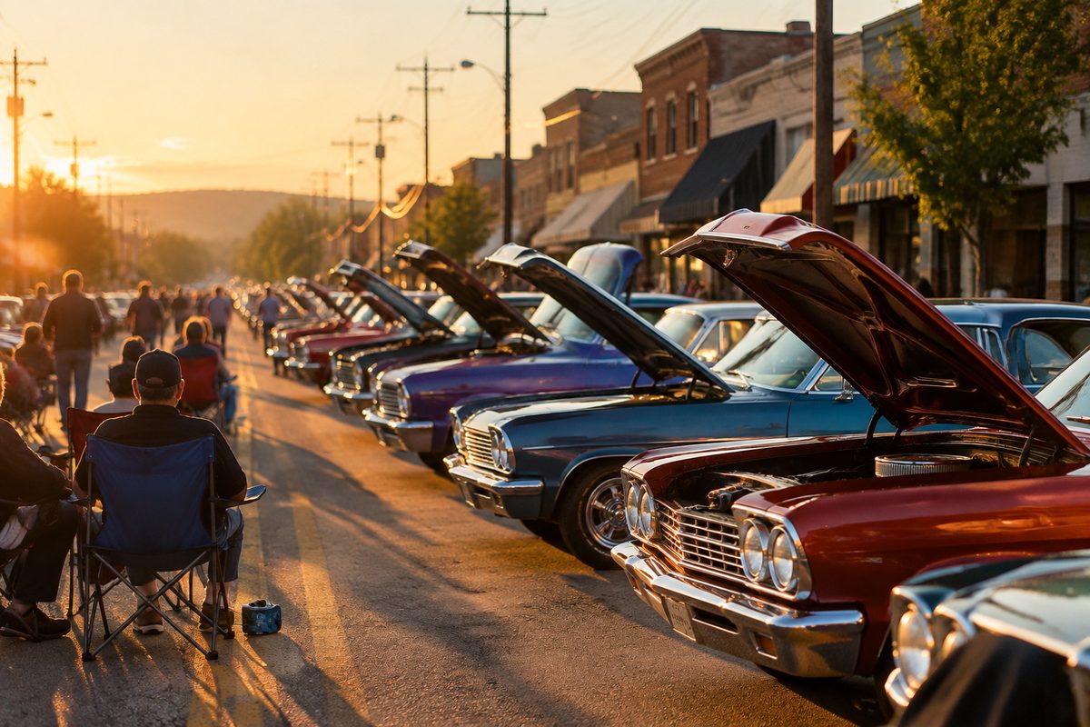 Vintage cars with open hoods lined along a small-town main street at golden hour during a Route 66 centennial car show