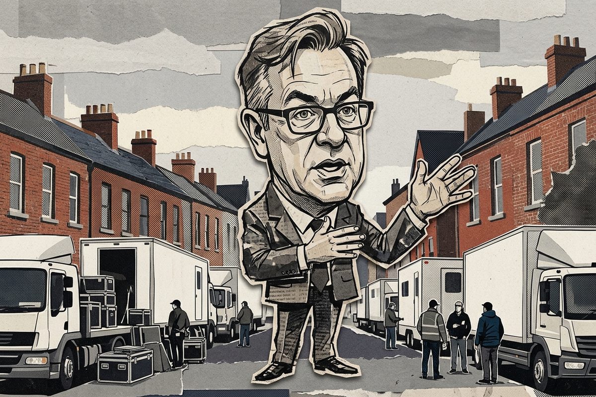 AI illustration, a drawn likeness of Duncan Crabtree-Ireland: a torn-paper collage caricature of Duncan Crabtree-Ireland, set in a row of white production trucks and equipment trailers parked along a Dublin side street of brick terraced houses on an overcast afternoon, with a few crew members in work jackets small in the frame.