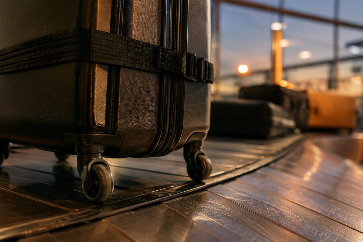 Close-up of the wheels and woven strap of an unbranded rolling suitcase moving along a metal baggage carousel at dusk.