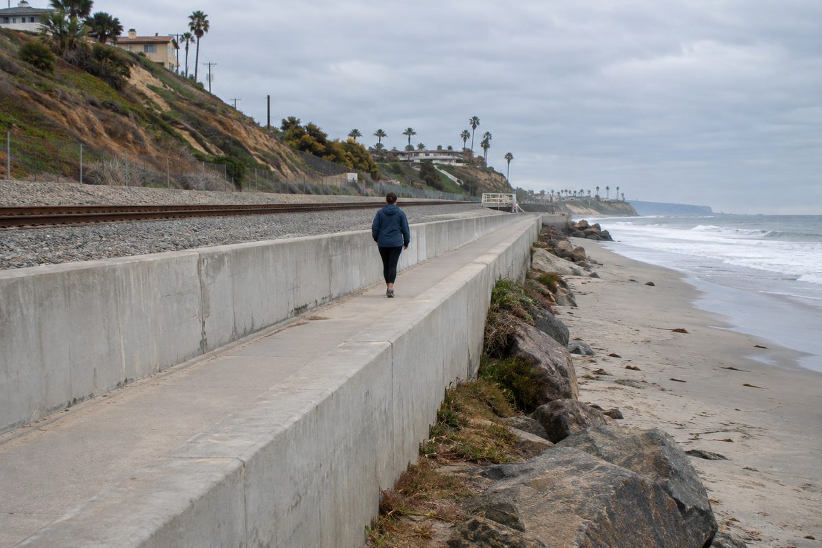 The San Clemente Beach Trail at Mariposa Point, a path between the ocean and the railroad tracks, with a long concrete catchment wall along the bluff and a walker passing on an overcast morning.