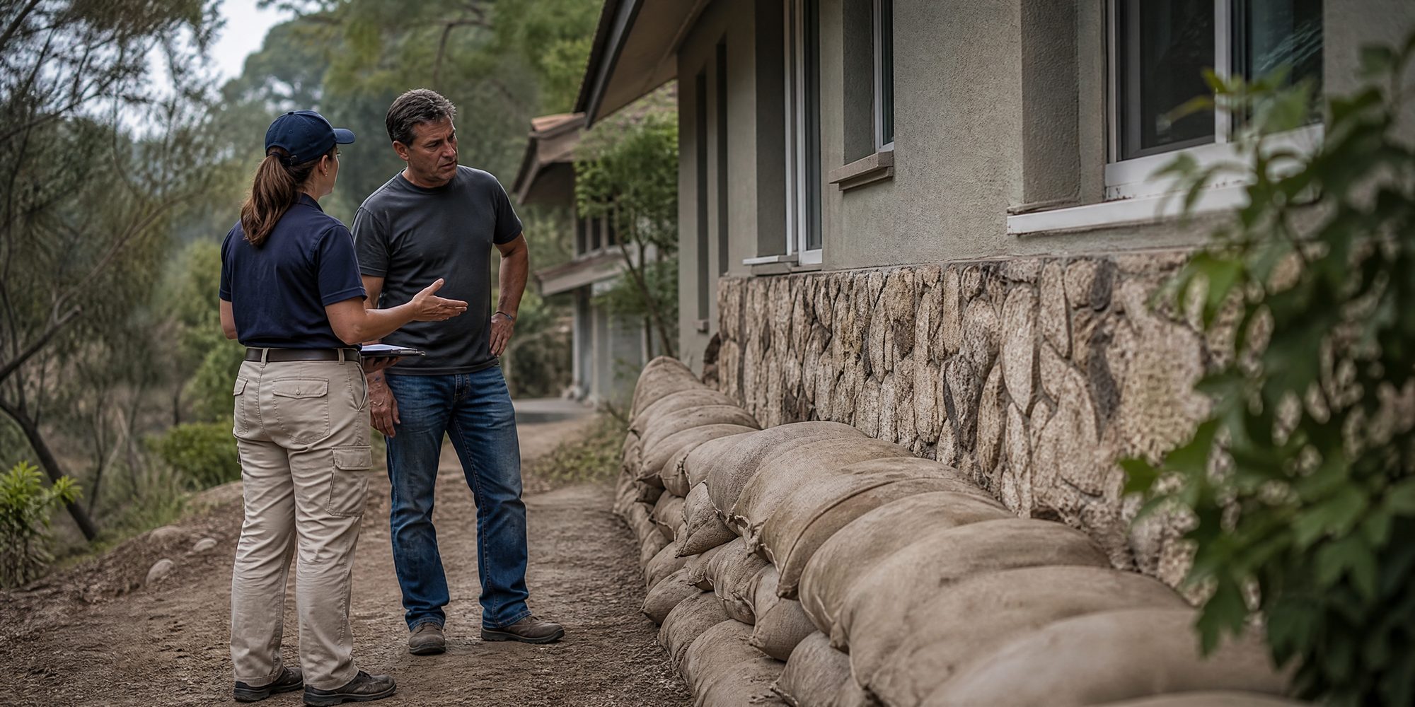 A homeowner and a federal disaster-assistance worker stand beside a low wall of filled sandbags along the side of a house in La Cañada, California