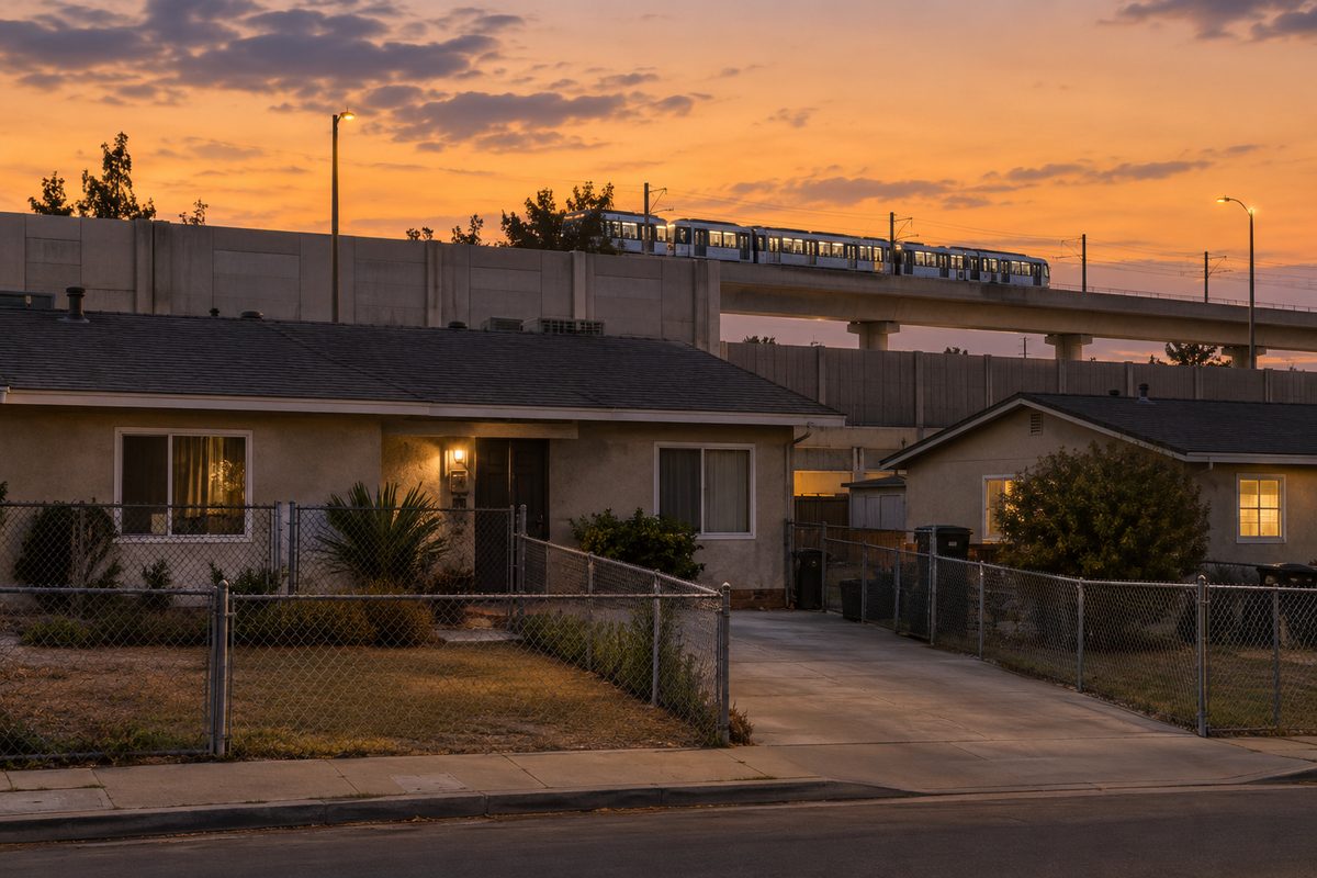 A block of low stucco houses with chain-link fences at dusk, a freeway sound wall behind them and an elevated rail viaduct beyond.