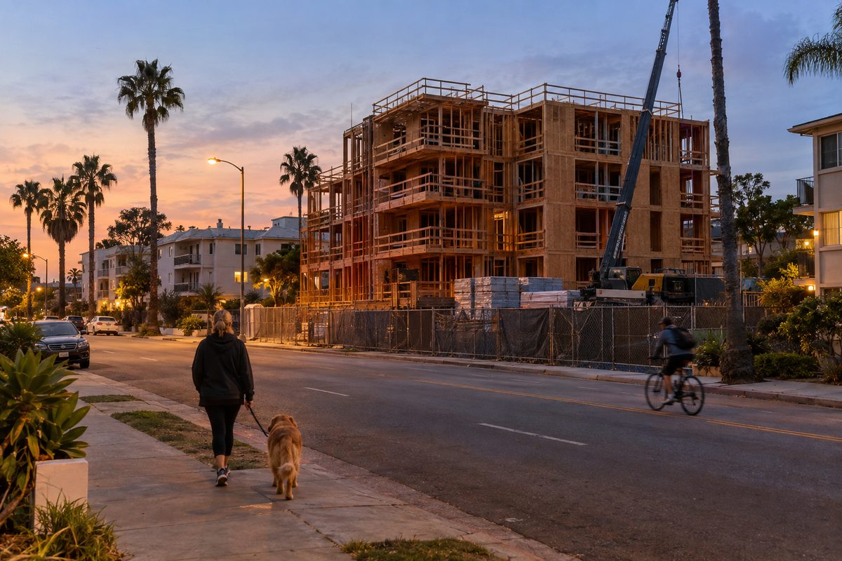 A half-built apartment building behind a construction fence on a Santa Monica residential street at dusk, with a pedestrian walking past under streetlights.